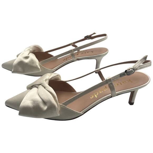 Kate Spade Marseille Bow Satin Pointed Toe Kitten Heels Pumps Ivory Size 8 - Picture 5 of 9